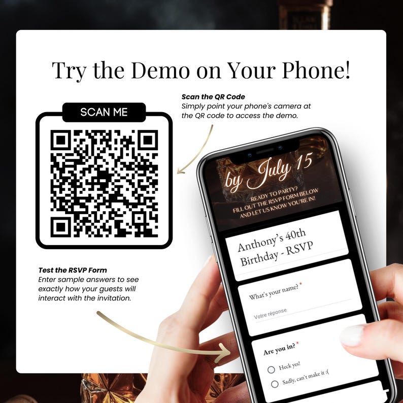 40th Birthday Digital Invitation for Men – Whiskey Theme Editable Party Invite with RSVP Form Demo. Mobile-friendly online birthday card template featuring a scannable QR code for preview and built-in Google Form RSVP. Perfect for milestone birthdays like 40th, 50th, or 60th celebrations. Instant download, customizable in Canva, share via SMS, WhatsApp, or email. Aged to Perfection whiskey birthday invitation.