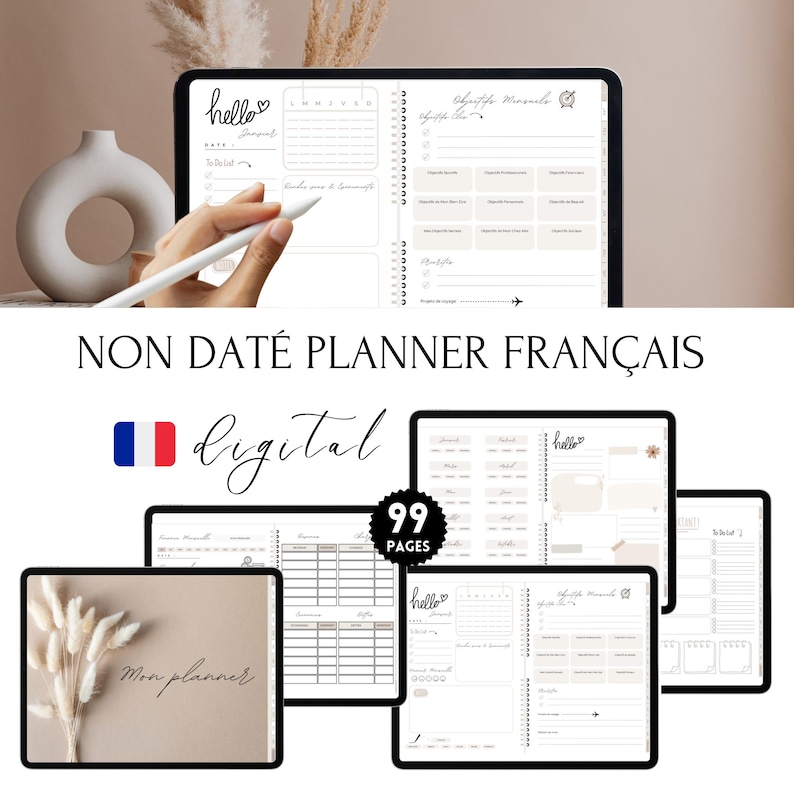 Agenda Planner Digital Francais Non Daté pour GoodNotes, Planner Francais, Planner Numerique Francais, Planificateur Francais Agenda Digital