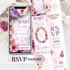 Plantilla de invitación para baby shower "Bebé en Flor" | Diseño floral personalizable para niña | Invitación digital con mariposas y regalo de registro de RSVP