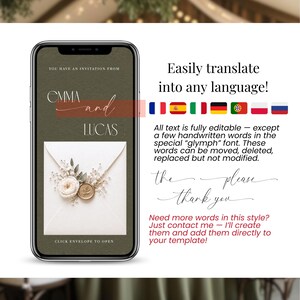 Editable wedding invitation multilingual Canva template, translate wedding website any language, digital RSVP invitation customizable text, green wedding save the date template, international wedding invitation design