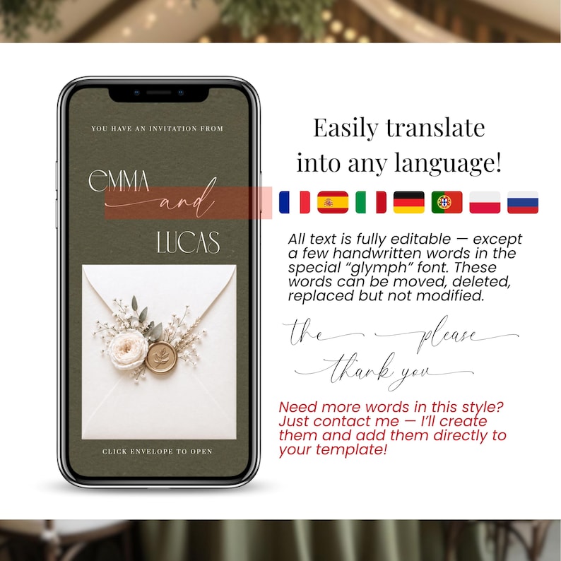 Editable wedding invitation multilingual Canva template, translate wedding website any language, digital RSVP invitation customizable text, green wedding save the date template, international wedding invitation design