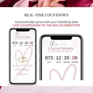 Real-time wedding countdown page from burgundy wedding website template showing days, hours, minutes, seconds