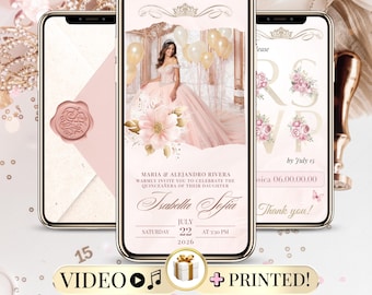 キンセアネーラ招待状ビデオ、編集可能なピンクの誕生日テンプレート、15歳の誕生日の女の子のためのデジタルキンセアネーラ招待状