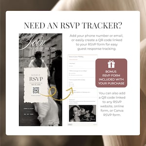 Digital wedding invite RSVP page with QR code linked to a bonus editable RSVP form for tracking guest responses in real time.