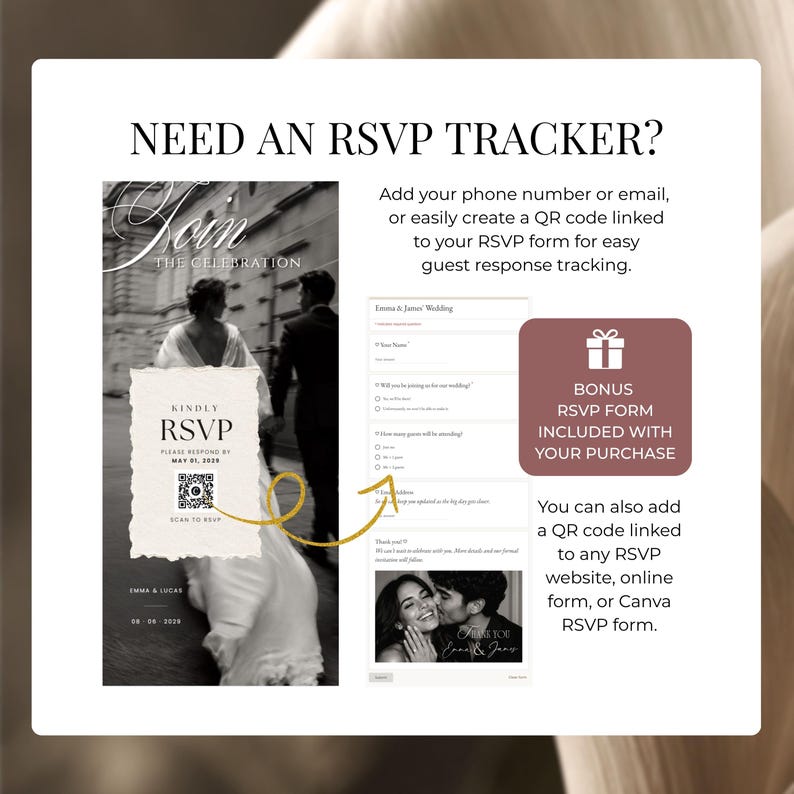 Digital wedding invite RSVP page with QR code linked to a bonus editable RSVP form for tracking guest responses in real time.