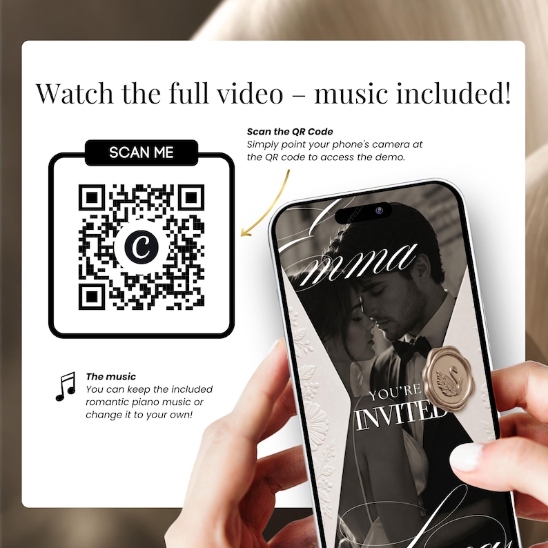 Digital wedding invite demo video accessed by scanning a QR code, phone mockup showing you're invited page with included romantic music, editable in Canva