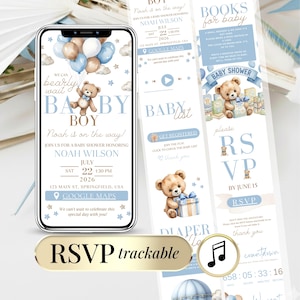Baby Shower Invitation Template - Boy Blue Teddy Bear Invite - Editable Digital Invite with Clickable RSVP - We Can Bearly Wait Mini Website