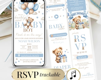 Baby Shower Invitation Template - Boy Blue Teddy Bear Invite - Editable Digital Invite with Clickable RSVP - We Can Bearly Wait Mini Website