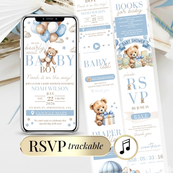 Baby Shower Invitation Template - Boy Blue Teddy Bear Editable Digital Invite with Clickable RSVP  - Invitation Numérique Modèle RSVP Online