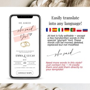 Multilingual engagement invitation template, easily translate Canva invite into multiple languages, editable wedding invitation website with customizable text and design