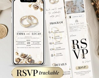 Gold Wedding Invitation Digital with Online RSVP and Countdown Timer, Editable Template Wedding Website Digital Wedding Invite Canva Evite