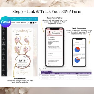 Track RSVP responses with Google Form linked to your editable Quinceañera invitation