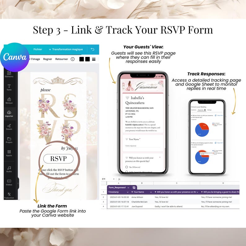 Track RSVP responses with Google Form linked to your editable Quinceañera invitation
