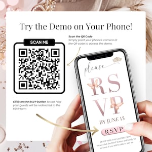 以下が含まれることがあります： スマートフォンには、「please RSVP BY JUNE 15」というテキストが表示されたデジタル招待状が表示されています。招待状には蝶のグラフィックと「RSVP」ボタンが含まれています。「Try the Demo on Your Phone!」というテキストのQRコードも表示されています。