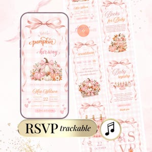 Peut inclure: Un modèle d'invitation numérique pour baby shower affiché sur un écran de smartphone avec un fond vichy rose clair, un grand nœud et des illustrations de citrouilles. Le texte indique a little pumpkin is on her way, Mia Wilson, Oct 22, 2-4 PM.