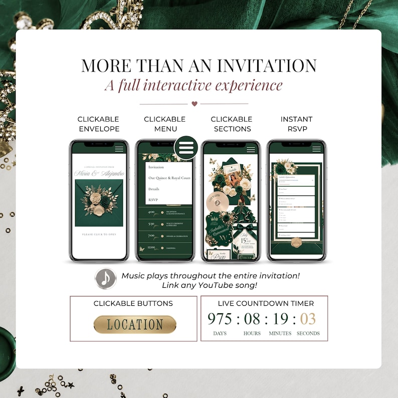 Emerald Green Quinceañera Website Invitation with clickable envelope, RSVP form, music player, navigation menu, countdown timer, and interactive sections. Editable Canva template for Sweet 16, Mis Quince Años, and Princess Quinceañera celebrations.