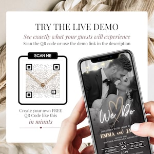 Scan QR code to preview an elegant Wedding Website Invitation with clickable envelope, interactive pages, RSVP, music, countdown timer and modern Canva wedding template.