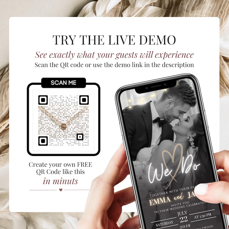 Scan QR code to preview an elegant Wedding Website Invitation with clickable envelope, interactive pages, RSVP, music, countdown timer and modern Canva wedding template.