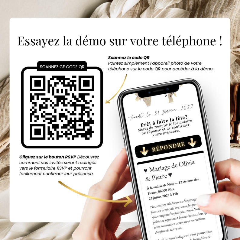 Invitation de mariage numérique avec QR code pour tester la démo sur téléphone, aperçu mobile personnalisé avec noms des mariés, date, lieu et design chic, modèle digital français avec RSVP en ligne.
