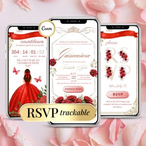 Elegante rote Quinceañera Einladung digitale Vorlage für Sweet 15 oder 16, Floral Rot Gold editierbar Mis Quince Geburtstag einladen Quinceanera RSVP