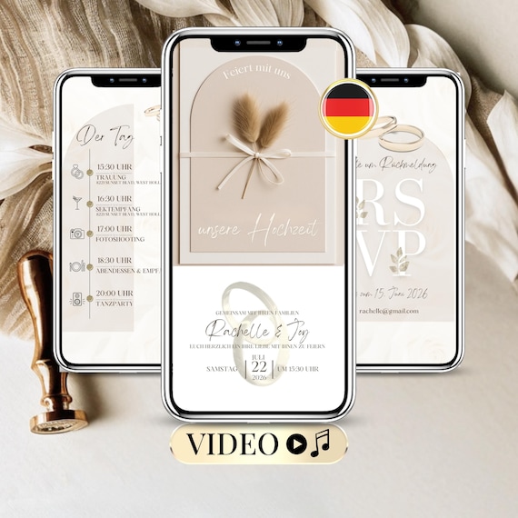 Digitale Hochzeitseinladung WhatsApp Vorlage – Faire-part Vidéo de Mariage en Allemand – Modèle Canva RSVP Éditable et Animé