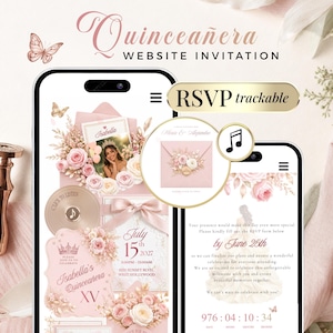 Puede incluir: Una invitación digital para Quinceañera en dos teléfonos inteligentes, con rosas rosadas, detalles dorados, una foto de una persona con corona y texto que incluye Isabella, 15 de julio de 2027 y RSVP trackable. Incluye un icono de música.
