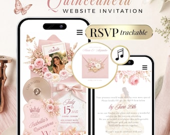 Pink Gold Quinceañera Invitation Website with RSVP | Sweet 16 Digital  Invite Princess Canva Template | Countdown Music Invite