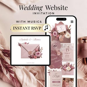 Peut inclure: Une conception d'invitation de mariage numérique, avec une tablette et un smartphone affichant divers éléments d'invitation. Le design comprend des accents floraux, une icône de note de musique et le texte "Wedding Website Invitation" et "Instant RSVP."