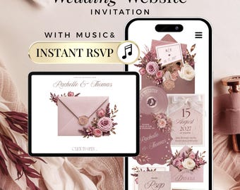 May include: A digital wedding invitation design featuring a tablet and smartphone displaying various invitation elements. The design includes floral accents, a musical note icon, and the text "Wedding Website Invitation" and "Instant RSVP."