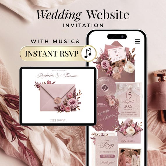 Wedding Website Canva Template Blush Pink Interactive Wedding RSVP Invitation with Clickable Envelope and Music