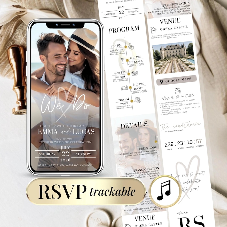 Digital wedding invitation template with RSVP tracker, live countdown timer, and Google Maps venue link. Fully editable in Canva, perfect for modern couples planning an online wedding celebration. Customizable "We Do" cover photo, real-time RSVP tracking, and elegant mobile-friendly design. Send via text or email for a seamless guest experience.