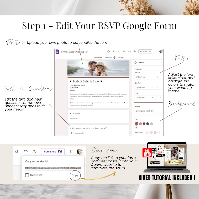 Cómo editar el formulario RSVP Google para invitación de boda digital - Plantilla editable para confirmar asistencia - Trackable RSVP online wedding