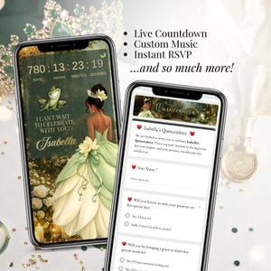 Green and gold princess sweet 16 digital invitation template, Canva editable RSVP website invite with countdown, modern mobile event design