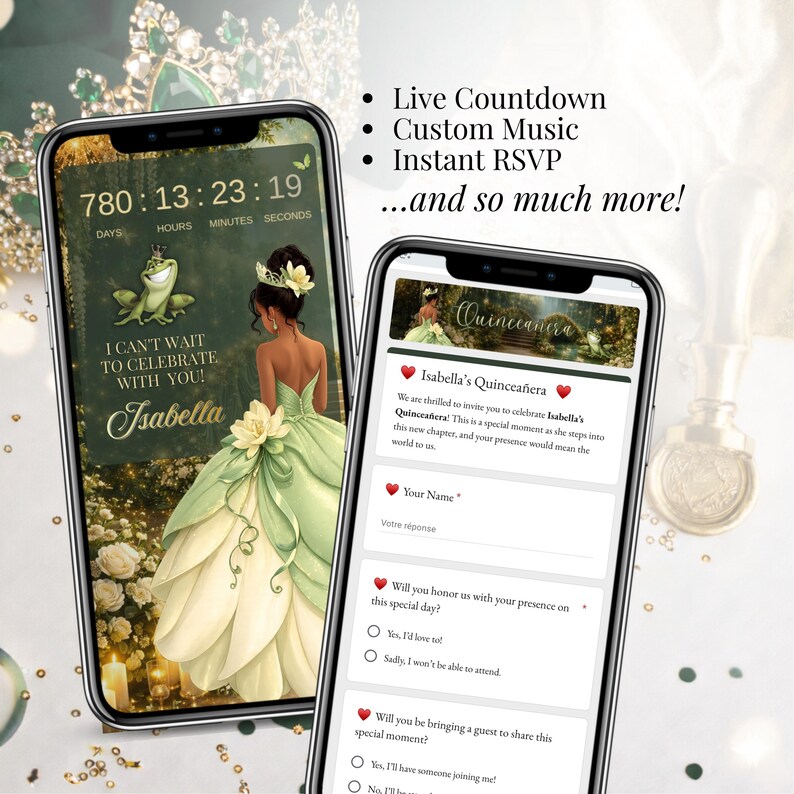 Green and gold princess sweet 16 digital invitation template, Canva editable RSVP website invite with countdown, modern mobile event design