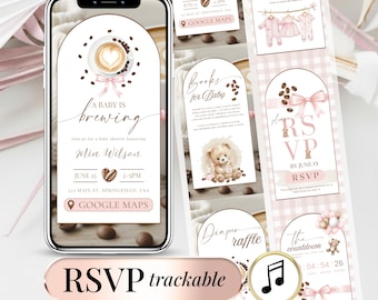 Peut inclure: Une invitation numérique pour une fête prénatale sur un écran de smartphone avec un thème café, un cœur en latte art, des grains de café et des nœuds roses. Le texte indique A BABY IS brewing, Mia Wilson, 15 juin, 14h-17h, 123 Main St, Springfield, USA.