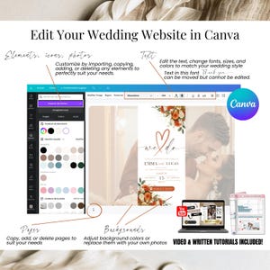 Editing wedding website and digital wedding invitation in Canva, showing drag-and-drop customization of text, photos, and colors.