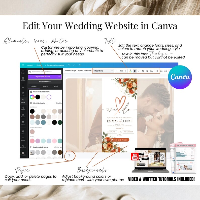 Editing wedding website and digital wedding invitation in Canva, showing drag-and-drop customization of text, photos, and colors.