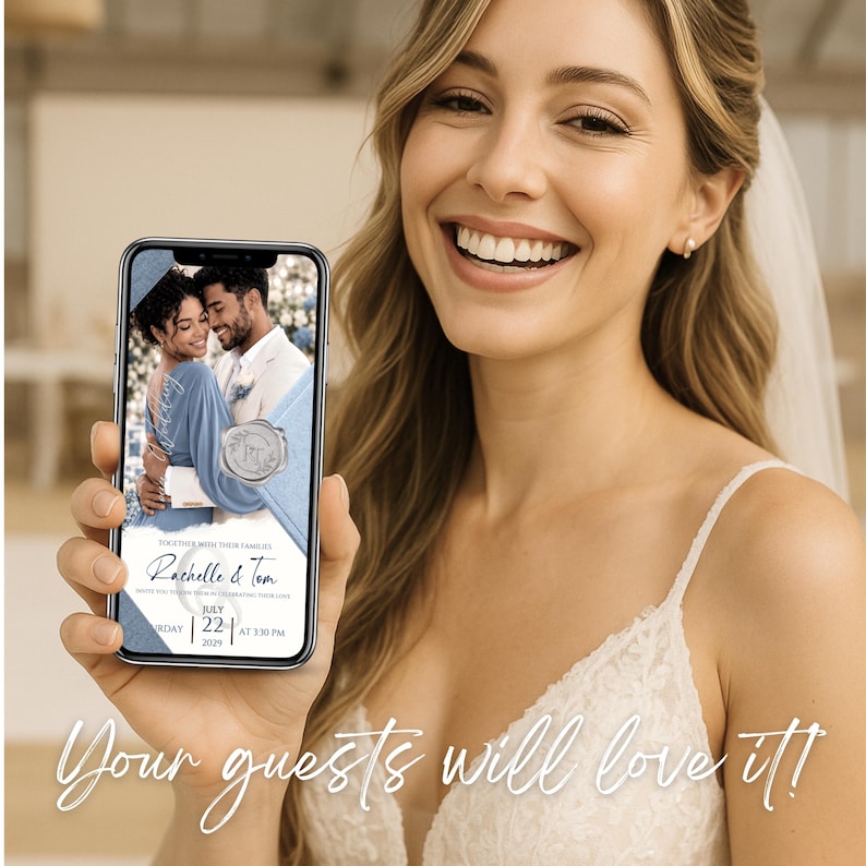 Your guests will love this elegant Dusty Blue Wedding Invitation Video. Editable Canva MP4 wedding invitation featuring animated envelope opening, romantic blue florals, luxury silver details and modern wedding design.
