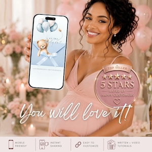 Happy mom holding a Teddy Bear Baby Shower digital invitation on smartphone, editable Canva website invitation, instant sharing, mobile-friendly design and beginner-friendly template.