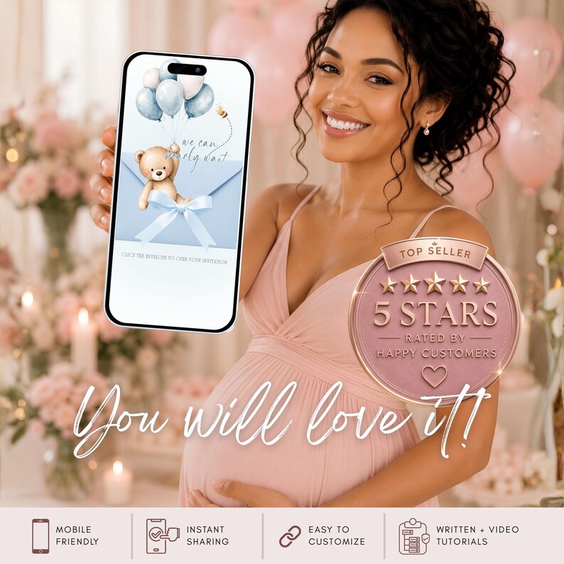 Happy mom holding a Teddy Bear Baby Shower digital invitation on smartphone, editable Canva website invitation, instant sharing, mobile-friendly design and beginner-friendly template.