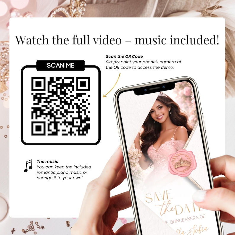 Quinceañera save the date video invitation QR code demo preview, scan to watch full video with music included, pink blush gold Canva template, digital Sweet 16 invitation, elegant mobile-friendly video invite design for modern celebrations