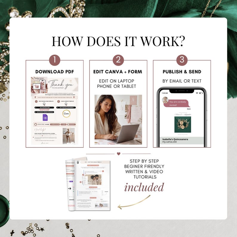 Create your Emerald Green Quinceañera Website Invitation in minutes. Download, edit in Canva, publish, and share via text, WhatsApp, email, or QR code. Includes RSVP tracking, tutorials, and customizable pages.