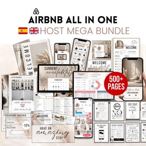 May include: A collection of digital Airbnb host resources, including welcome guides, activity books, and property management templates. The image features mockups of smartphones, tablets, and printed materials with the text "Airbnb All in One Host Mega Bundle."