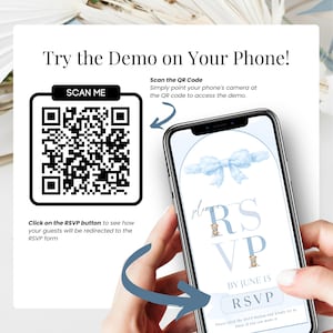 Try the demo baby shower digital invitation on your phone with QR code. Heaven Sent blue baby shower invite for boy, editable Canva baby shower website with RSVP tracker and interactive features.