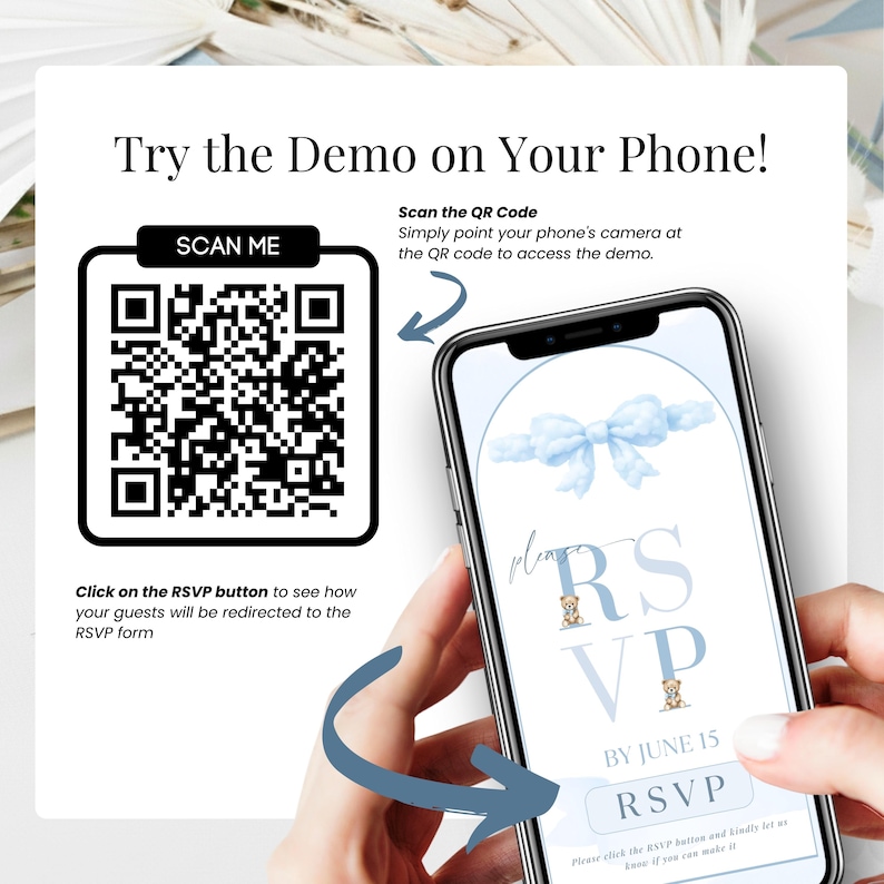 Try the demo baby shower digital invitation on your phone with QR code. Heaven Sent blue baby shower invite for boy, editable Canva baby shower website with RSVP tracker and interactive features.