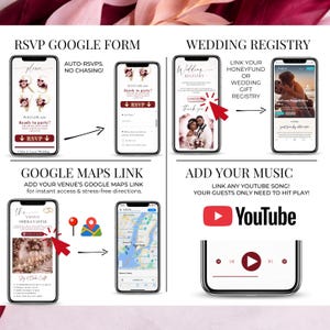 Wedding invitation feature overview collage showing RSVP Google Form, wedding registry, Google Maps link, and add your music options