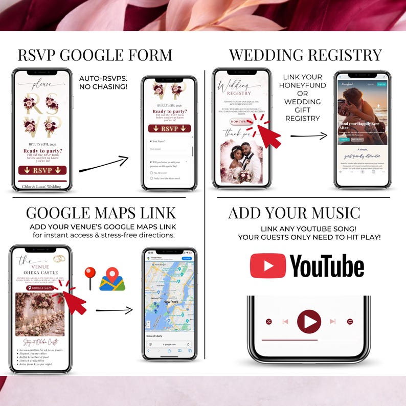 Wedding invitation feature overview collage showing RSVP Google Form, wedding registry, Google Maps link, and add your music options