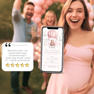 Pregnant woman holding phone with pink baby shower video invitation, coquette teddy bear theme, guest review with 5-star rating, editable Canva template, digital invite for girl, perfect for virtual or in-person celebration