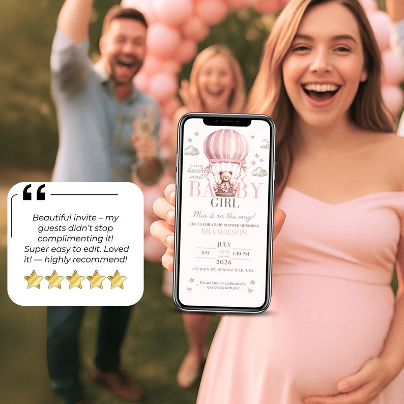 Pregnant woman holding phone with pink baby shower video invitation, coquette teddy bear theme, guest review with 5-star rating, editable Canva template, digital invite for girl, perfect for virtual or in-person celebration