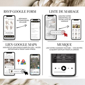 Présentation des fonctionnalités : formulaire Google RSVP, liste de mariage, lien Google Maps et musique intégrée. Invitation numérique complète pour mariage, personnalisable et mobile-friendly.